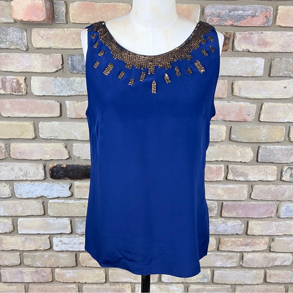 SACHIN + BABI navy blue gold bronze sequin embellished silk tank